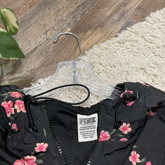 Victoria's Secret PINK XS/S Black Floral Hooded Full Zip Windbreaker Rain Jacket - Picture 5 of 8